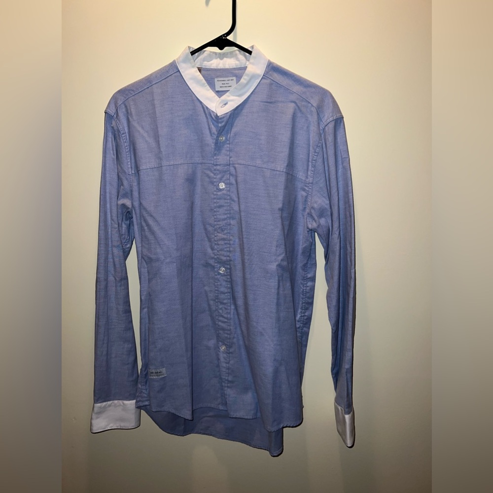 7Diamonds Collarless Long Sleeve Button Shirt, Size M, Light Denim Blue/White